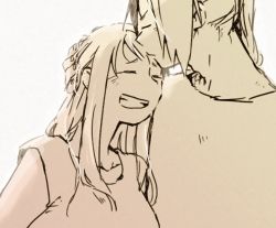 Rule 34 | 1boy, 1girl, clenched teeth, closed eyes, couple, edward elric, expressionless, fingernails, fullmetal alchemist, greyscale, hand on another&#039;s head, happy, hetero, igi (tarqu0ise), kiss, kissing forehead, long hair, monochrome, shirt, simple background, smile, teeth, upper body, white background, winry rockbell