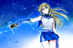 Rule 34 | 1girl, 203wolves, blonde hair, blue background, blue gloves, blue sailor collar, blue skirt, card, closed mouth, constellation, cowboy shot, fingerless gloves, floating hair, gloves, highres, holding, holding card, jacket, long hair, looking at viewer, miniskirt, outstretched arm, sailor collar, signature, skirt, sky, sleeveless, sleeveless jacket, smile, solo, standing, star (sky), starry sky, straight hair, tenjouin asuka, very long hair, white jacket, yellow eyes, yu-gi-oh!, yu-gi-oh! gx