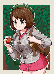 Rule 34 | 1girl, backpack, bag, breasts, brown eyes, brown hair, buttons, cardigan, closed mouth, collared dress, cowboy shot, creatures (company), dress, game freak, gloria (pokemon), green hat, grey cardigan, hat, highres, holding, holding poke ball, legs together, looking at viewer, medium breasts, nintendo, outline, pink dress, poke ball, poke ball (basic), pokemon, pokemon swsh, shimure (460), short dress, short hair, smile, solo, tam o&#039; shanter, white outline