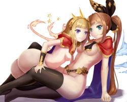 Rule 34 | 10s, 2girls, aqua eyes, arm support, ass, bell (angelicalary), belt, blonde hair, breasts, cagliostro (granblue fantasy), cape, capelet, clarisse (granblue fantasy), granblue fantasy, hair ribbon, light brown hair, long hair, looking at viewer, lying on person, medium breasts, multiple girls, naked cape, navel, ponytail, purple eyes, ribbon, sitting, small breasts, smile, thighs, yuri