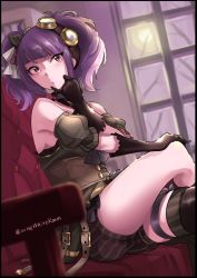 Rule 34 | 1girl, bare shoulders, black gloves, corset, diagonal bangs, from side, garter straps, gloves, goggles, goggles on head, hair ribbon, idolmaster, idolmaster shiny colors, indoors, looking at viewer, purple eyes, purple hair, ribbon, single thighhigh, sitting, solo, takeshisu, tanaka mamimi, thigh strap, thighhighs