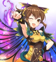 Rule 34 | 1girl, armpits, aura, bare shoulders, bow, brown eyes, brown hair, butterfly wings, delthea (fire emblem), fang, fire emblem, fire emblem echoes: shadows of valentia, fire emblem heroes, flower, hair bow, hand on own hip, insect wings, kakiko210, long hair, magic, nintendo, one eye closed, outstretched arm, ponytail, rose, solo, thorns, upper body, wings