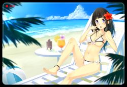 Rule 34 | 10s, 1girl, :o, anklet, ball, barefoot, beach, beachball, bikini, black hair, blush, breasts, chair, chitanda eru, cleavage, drink, feet, flower, hair flower, hair ornament, hibiscus, hyouka, jewelry, long hair, lounge chair, md5 mismatch, navel, purple eyes, resolution mismatch, revision, shiny skin, solo, source larger, strap gap, strap lift, swimsuit, toes, underboob, viewfinder, yuragi (amriel)