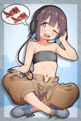 Rule 34 | 1girl, ;d, black tube top, blue background, blue footwear, blush, border, brown eyes, brown hair, brown pants, cellphone, collarbone, fingernails, hand on headphones, hand up, headphones, highres, holding, holding phone, hozuki momiji, indian style, looking at viewer, low ponytail, melciort, nail polish, navel, one eye closed, onii-chan wa oshimai!, open mouth, pants, phone, pink nails, shoes, short hair, short ponytail, sitting, smartphone, smile, sneakers, solo, speech bubble, strapless, tareme, tube top, unbuttoned