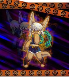 Rule 34 | 1girl, afterimage, alpha transparency, animal ears, aura, belt, body fur, boots, bune, cosplay, furry, highres, horizontal pupils, jojo no kimyou na bouken, joseph joestar, joseph joestar (young), made in abyss, nanachi (made in abyss), scarf, self-upload, short hair, shorts, striped clothes, striped scarf, tail, tank top, torn clothes, torn shorts, whiskers, white hair, yellow eyes