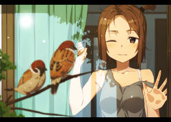 Rule 34 | 1girl, bad id, bad pixiv id, bird, blurry, blush, bra strap, branch, breasts, brown eyes, brown hair, curtains, depth of field, eurasian tree sparrow, hair ornament, hairclip, hand on glass, kinta (distortion), letterboxed, one eye closed, original, reflection, short hair, side ponytail, small breasts, solo, sparrow, strap slip, tank top, window