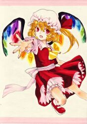 Rule 34 | 1girl, ascot, blonde hair, bloomers, clothing cutout, crystal wings, dress, flandre scarlet, frilled dress, frills, full body, leg cutout, marker (medium), mary janes, mi akashi, open mouth, reaching, reaching towards viewer, red eyes, red nails, shoes, side ponytail, simple background, socks, solo, touhou, traditional media, underwear, white background, white mob cap, yellow ascot