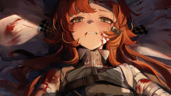 Rule 34 | 1girl, absurdres, bandaged arm, bandaged head, bandages, belt, bk-knight, blood, blood on clothes, blood on face, blush, braid, clenched teeth, crying, crying with eyes open, hair ornament, hairclip, highres, injury, long hair, looking at viewer, lying, on back, orange hair, reverse:1999, solo, sonetto (reverse:1999), tears, teeth, torn clothes