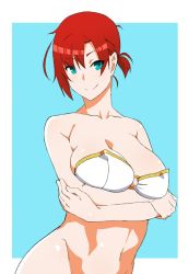 Rule 34 | 1girl, akitetsu, aqua eyes, bad id, bad twitter id, bare shoulders, blue background, bottomless, boudica (fate), breasts, cleavage, crossed arms, fate/grand order, fate (series), highres, large breasts, looking at viewer, navel, out-of-frame censoring, red hair, short hair, short ponytail, smile, solo, two-tone background, white background