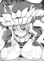 Rule 34 | 10s, 1boy, 1girl, abyssal ship, blush, bodysuit, breasts, cape, censored, cum, cum on body, cum on upper body, facial, gloves, greyscale, hat, headgear, hetero, kantai collection, large breasts, male pubic hair, monochrome, nipples, open mouth, paizuri, penis, pubic hair, red-rum, solo focus, teeth, tongue, wo-class aircraft carrier