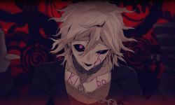 Rule 34 | 1boy, alternate eye color, black background, black jacket, black sclera, blood, blood on face, bloody tears, chain, chained, collar, collarbone, colored sclera, commentary request, danganronpa (series), danganronpa another episode: ultra despair girls, face, gloves, grey hair, hair between eyes, hands up, highres, jacket, komaeda nagito, long sleeves, looking at viewer, lower teeth only, male focus, medium hair, metal collar, open mouth, pink blood, pink eyes, red background, servant (danganronpa), shirt, single glove, solo, teeth, tuteurfars shin
