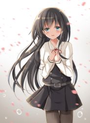 Rule 34 | 10s, 1girl, asashio (kancolle), bad id, bad pixiv id, belt, black hair, black pantyhose, blouse, buttons, commentary request, dress, erika (ym0311), eyebrows, hand on own chest, kantai collection, long hair, long sleeves, looking at viewer, neck ribbon, open mouth, pantyhose, pinafore dress, pleated skirt, red ribbon, ribbon, shirt, skirt, sleeveless, sleeveless dress, solo, vest, white shirt