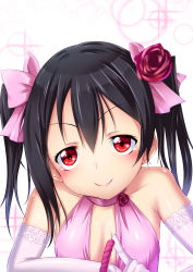 Rule 34 | &gt;:), 10s, 1girl, black hair, blush, bow, candle, elbow gloves, flower, gloves, hair bow, hair flower, hair ornament, lace, lace-trimmed gloves, lace trim, long hair, looking at viewer, love live!, love live! school idol project, pink bow, poking, red eyes, red flower, red rose, rose, satou kuuki, smile, solo, twintails, v-shaped eyebrows, yazawa nico
