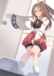 Rule 34 | 1girl, arm up, bathroom, between legs, blush, brown hair, closed mouth, door, dutch angle, embarrassed, female focus, full body, hair between eyes, hair ribbon, hand between legs, have to pee, headband, indoors, japanese clothes, kantai collection, kimono, knees together feet apart, long hair, long sleeves, looking down, minamimachi naname, muneate, outstretched arm, peeing, peeing self, pigeon-toed, puffy shorts, raised eyebrows, red ribbon, red shorts, ribbon, sandals, shorts, sidelocks, socks, solo, split mouth, squat toilet, standing, striped ribbon, tabi, tears, white kimono, white socks, wide sleeves, yellow eyes, zouri, zuihou (kancolle)