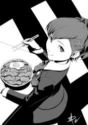 Rule 34 | 1girl, atlus, bowl, chopsticks, egg, egg (food), food, from above, greyscale, hair ornament, headphones, looking at viewer, monochrome, persona, persona 3, persona 3 portable, polarityplus, ponytail, school uniform, shiomi kotone, sitting, smile, solo, sunny side up egg