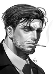 Rule 34 | 109ddong, 1boy, absurdres, bara, beard, black eyes, expressionless, facial hair, formal, greyscale, half-closed eyes, highres, male focus, monochrome, mustache, necktie, original, parted lips, portrait, short hair, sideburns, smoke trail, smoking, solo, suit, white background