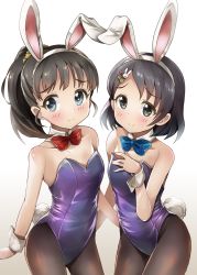 Rule 34 | 2girls, animal ears, bare shoulders, black hair, black leotard, blue bow, blue bowtie, blush, bob cut, bow, bowtie, closed mouth, detached collar, eyeliner, fake animal ears, fake tail, flat chest, fukuyama mai, green eyes, grin, hair ornament, hair tie, hairband, hairclip, highleg, highleg leotard, highres, idolmaster, idolmaster cinderella girls, idolmaster cinderella girls starlight stage, leotard, looking at viewer, makeup, michii yuuki, multiple girls, oversized breast cup, pantyhose, parted bangs, playboy bunny, ponytail, purple leotard, rabbit ears, rabbit tail, red bow, red bowtie, sasaki chie, scrunchie, shiny skin, short hair, short ponytail, smile, split mouth, strapless, strapless leotard, tail, traditional bowtie, wrist cuffs