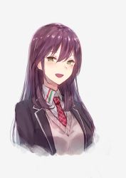 Rule 34 | 1girl, :d, black jacket, blush, brown vest, collared shirt, commentary request, copyright request, cropped torso, green eyes, grey background, hair between eyes, highres, jacket, kobuta, long hair, looking at viewer, necktie, open clothes, open jacket, open mouth, purple hair, red necktie, school uniform, shirt, simple background, smile, solo, upper body, vest, virtual youtuber, wing collar