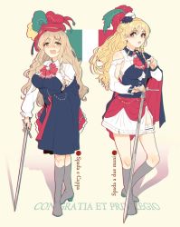 Rule 34 | 2girls, armpit cutout, blonde hair, boots, braid, breasts, bridal garter, clothing cutout, dongsa wonhyong, feathers, grey footwear, hair between eyes, hat, high heel boots, high heels, highres, holding, holding sword, holding weapon, italian flag, italian text, kantai collection, knee boots, large breasts, light brown hair, long hair, long sleeves, mixed-language commentary, multiple girls, open mouth, pola (kancolle), red headwear, red neckwear, red skirt, saliva, side braid, side slit, skirt, standing, sword, wavy hair, weapon, white headwear, white skirt, zara (kancolle)