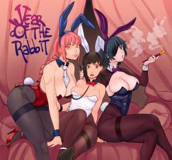 Rule 34 | 3girls, absurdres, animal ears, black hair, breasts, chainsaw man, cleavage, eyepatch, fake animal ears, feet out of frame, foot out of frame, higashiyama kobeni, highres, himeno (chainsaw man), large breasts, leash, legs, leotard, looking at viewer, makima (chainsaw man), medium breasts, multiple girls, nagainosfw, opium pipe, pantyhose, pink hair, playboy bunny, rabbit ears, shrug (clothing), sitting, smile, smoke, smoking, strapless, strapless leotard
