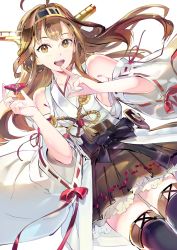 Rule 34 | 10s, 119, 1girl, brown eyes, brown hair, hairband, highres, japanese clothes, kantai collection, kongou (kancolle), long hair, nontraditional miko, open mouth, saucer, skirt, smile, solo, thighhighs
