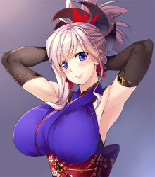 Rule 34 | 1girl, 846-gou, armpits, arms behind head, blue eyes, blue kimono, blush, breasts, detached sleeves, fate/grand order, fate (series), hair ornament, highres, japanese clothes, kimono, large breasts, lips, long hair, looking at viewer, miyamoto musashi (fate), miyamoto musashi (first ascension) (fate), obi, pink hair, ponytail, sash, sleeveless, sleeveless kimono, smile, solo, swept bangs