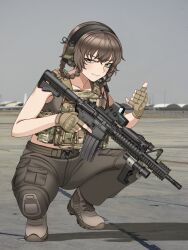 Rule 34 | 1girl, absurdres, airfield, amane suzuha, assault rifle, brown gloves, brown hair, brown pants, camouflage, chest rig, commission, eotech, fingerless gloves, gloves, grey tank top, gun, highres, keiita, looking at viewer, m4 carbine, optical sight, pants, bulletproof vest, rifle, smile, solo, squatting, steins;gate, tactical clothes, tank top, trigger discipline, vertical foregrip, weapon, woodland camouflage