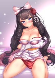 Rule 34 | 1girl, absurdres, arm under breasts, blue eyes, blunt bangs, blush, bow, breast hold, breasts, brown hair, cherry blossom print, cleavage, closed mouth, collarbone, commentary request, drill hair, drill sidelocks, floral print, frilled bow, frills, girls&#039; frontline, gmkj, hair bow, head tilt, highres, howa type 64 (girls&#039; frontline), japanese clothes, kimono, long hair, medium breasts, obi, off shoulder, on bed, pink bow, purple background, sash, sidelocks, signature, sitting, solo, thighs, very long hair, white kimono