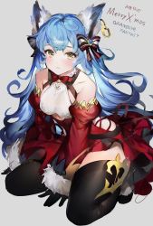 Rule 34 | 1girl, alternate costume, animal ears, bare shoulders, blue hair, blush, clothing cutout, commentary, commentary request, detached sleeves, earrings, ferry (granblue fantasy), ferry (santa minidress) (granblue fantasy), frown, fur trim, granblue fantasy, hair ribbon, highres, jewelry, long hair, looking at viewer, ribbon, sitting, skirt, solo, thighhighs, umibouzu (niito), underboob cutout, wariza, wavy mouth, yellow eyes