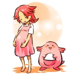 Rule 34 | 1990s (style), 1girl, barefoot, blush, blush stickers, bow, chansey, closed eyes, creatures (company), dress, egg, full body, game freak, gen 1 pokemon, happy, hitec, moemon, nintendo, open mouth, personification, pink hair, pokemon, pokemon (creature), pokemon rgby, pregnant, retro artstyle, short hair, simple background, smile, standing
