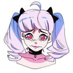 Rule 34 | 1girl, among us eyes (meme), black bow, blunt bangs, bow, choker, collarbone, cowlick, h4tter, hair bow, looking down, meme, original, pink eyes, portrait, solo, tearing up, twintails, wavy mouth, white background, white hair