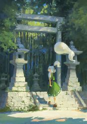 Rule 34 | 1girl, bamboo, bamboo forest, black bow, bow, day, dress, fjsmu, forest, frilled dress, frills, green dress, green theme, hair bow, highres, konpaku youmu, konpaku youmu (ghost), nature, outdoors, puffy short sleeves, puffy sleeves, retaining wall, scabbard, scenery, sheath, sheathed, shirt, short hair, short sleeves, solo, stairs, stone lantern, stone stairs, sword, tassel, torii, touhou, walking, weapon, weapon on back, white hair, white shirt