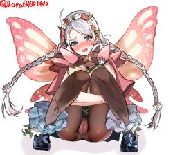 Rule 34 | 1girl, ass, blue eyes, blue footwear, blush, boots, braid, brown pantyhose, butterfly wings, cameltoe, capelet, cleft of venus, commission, commissioner upload, fairy wings, fire emblem, fire emblem fates, fire emblem heroes, flower, gradient clothes, hair flower, hair ornament, hair vines, hairband, harutan (ufnn8842), highres, hugging own legs, insect wings, long hair, looking at viewer, low twin braids, nina (fire emblem), nina (resplendent) (fire emblem), nintendo, non-web source, official alternate costume, panties, pantyhose, pantyshot, pink capelet, pink flower, pink panties, pussy, skeb commission, solo, sweat, twin braids, underwear, upskirt, vine harness, vine print, white flower, white hair, wings