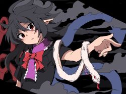 Rule 34 | 1girl, asymmetrical wings, black background, black dress, black hair, blue wings, bow, bowtie, center frills, cloud, commentary request, dress, frills, head tilt, highres, houjuu nue, outstretched arm, pointy ears, red bow, red bowtie, red eyes, red wings, shinmon akika, short hair, short sleeves, snake, solo, touhou, upper body, wings