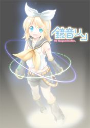 Rule 34 | 1girl, :d, aqua eyes, arm warmers, arms at sides, bad id, bad pixiv id, belt, black background, black shorts, blonde hair, blouse, blue eyes, bow, character name, full body, hair bow, hair ornament, hairclip, headphones, headset, kagamine rin, komone ushio, leg warmers, legs apart, looking at viewer, microphone, open mouth, ribbon, sailor collar, shirt, short hair, shorts, sleeveless, smile, solo, standing, swept bangs, tattoo, ukomone, vocaloid, white bow, white shirt, yellow ribbon