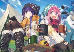 Rule 34 | 2girls, aemochi, bad id, bad twitter id, blue eyes, blue hair, blush, boots, cellphone, chair, cup, day, eyebrows, gloves, grass, hat, kagamihara nadeshiko, long hair, looking at viewer, motor vehicle, motorcycle, mountain, mug, multiple girls, open mouth, outdoors, phone, pink hair, purple eyes, purple hair, scarf, seiza, shima rin, sitting, sky, smartphone, smile, table, tent, thighhighs, yurucamp