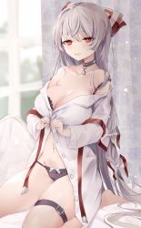 Rule 34 | 1girl, :d, absurdres, bad id, bad twitter id, bare shoulders, barefoot, blurry, blurry background, bow, bra, breasts, cleavage, collar, commentary request, curtains, depth of field, floral print, fujiwara no mokou, groin, hair bow, highres, hiiro60, large breasts, leg belt, light blush, long hair, long sleeves, looking at viewer, multi-tied hair, off shoulder, open mouth, panties, red bow, seiza, silver hair, sitting, smile, solo, suspenders, touhou, unbuttoned, unbuttoned shirt, underwear, very long hair, white bow