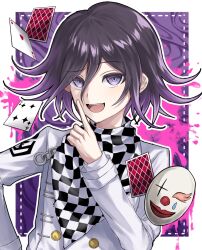 Rule 34 | 1boy, :d, blood, buttons, card, checkered clothes, checkered scarf, danganronpa (series), danganronpa v3: killing harmony, double-breasted, hand on own hip, hand up, highres, jacket, long sleeves, male focus, mask, oma kokichi, open mouth, outline, pink blood, pink eyes, scarf, smile, solo, taru (429 ne5), teeth, upper body, upper teeth only, white jacket, white outline