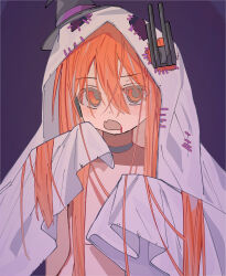 1girl a.i._voice absurdres adachi_rei alternate_hair_length alternate_hairstyle android black_hat blood blood_from_mouth fang ghost_costume hair_between_eyes halloween_costume hat highres joints long_hair looking_at_viewer mini_hat open_mouth orange_eyes orange_hair patch radio_antenna robot_joints skin_fang solo topless upper_body utau witch_hat yuyu_no_suke