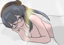 Rule 34 | 1girl, absurdres, bed sheet, blue eyes, blue hair, dark blue hair, earrings, granblue fantasy, hair ornament, highres, illnott (granblue fantasy), jewelry, looking at viewer, medium hair, nude, pillow, ring, sketch, smile, smirk, under covers, wangxiang qingnian, wedding ring, white background