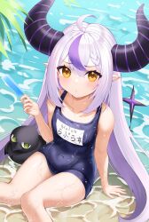 Rule 34 | 1girl, absurdres, ahoge, alternate costume, beach, black horns, blue one-piece swimsuit, braid, collarbone, commentary, crow (la+ darknesss), food, hair between eyes, highres, hololive, horns, la+ darknesss, long hair, looking at viewer, multicolored hair, one-piece swimsuit, pointy ears, popsicle, roina (effj7473), sitting, streaked hair, striped horns, swimsuit, very long hair, virtual youtuber, wet, white hair, yellow eyes