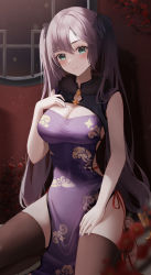 Rule 34 | 1girl, alternate costume, bare arms, black hair, black thighhighs, blurry, blush, breasts, china dress, chinese clothes, cleavage, closed mouth, cloud print, covered navel, depth of field, dress, flower, fur collar, genshin impact, green eyes, hair ribbon, highres, hini ni, long hair, medium breasts, mona (genshin impact), plum blossoms, ribbon, side-tie dress, side slit, sitting, solo, thighhighs, twintails, window
