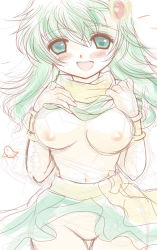 Rule 34 | 1990s (style), 1girl, :d, blush, breasts, clothes lift, final fantasy, final fantasy iv, green eyes, green hair, himenekodo, lowres, matching hair/eyes, nipples, no panties, open mouth, retro artstyle, rydia (ff4), shirt lift, skirt, skirt lift, smile, solo