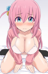 Rule 34 | 1girl, :c, aqua eyes, bed sheet, bikini, black socks, blush, bocchi the rock!, breasts, cleavage, closed mouth, collarbone, cube hair ornament, gotoh hitori, hair between eyes, hair ornament, highres, jacket, large breasts, leaning forward, legs, long hair, long sleeves, looking up, no pants, one side up, open clothes, open jacket, pc fworks, pink hair, pink jacket, sitting, sleeves past wrists, socks, solo, swimsuit, thighs, track jacket, wariza, white bikini