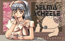 Rule 34 | 1990s (style), 1995, 1girl, bare shoulders, black hair, brown eyes, character name, company name, dress, earrings, game cg, gloves, grey hair, hairband, jewelry, looking at viewer, megatech software, necklace, pearl necklace, pixel art, power dolls (game), retro artstyle, selma scheele, solo, tagme, upper body