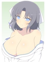 Rule 34 | 1girl, bare shoulders, blue eyes, bow, breasts, cleavage, gradient background, green background, grey hair, highres, ichiryuu tsumiki, japanese clothes, kimono, large breasts, looking at viewer, off shoulder, parted bangs, senran kagura, short hair, simple background, smile, solo, striped, striped bow, tagme, white bow, white kimono, yumi (senran kagura)