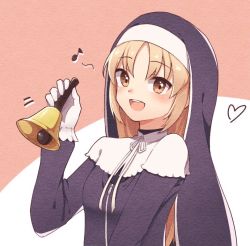 Rule 34 | 1girl, bad id, bad twitter id, blonde hair, blush, brown eyes, eighth note, frilled gloves, frills, gloves, habit, long hair, long sleeves, looking at viewer, musical note, nijisanji, nun, open mouth, parted bangs, sister claire, sister claire (1st costume), smile, traditional nun, virtual youtuber, white gloves