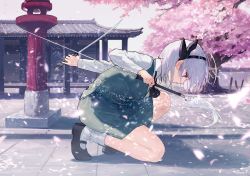 Rule 34 | 1girl, ainy, architecture, bad id, bad twitter id, black footwear, black hairband, blue eyes, cherry blossoms, collared shirt, dual wielding, east asian architecture, from side, green skirt, green vest, hairband, holding, kneeling, konpaku youmu, leaning forward, long sleeves, looking down, mary janes, on one knee, petals, rope, shimenawa, shirt, shoes, short hair, silver hair, skirt, socks, solo, stone lantern, sword, touhou, tree, vest, weapon, white socks