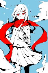 Rule 34 | 1girl, alternate color, blue sky, cloud, day, false smile, flat color, floating, floating object, floating scarf, hair ornament, hairpin, highres, kagerou project, lingye, long sleeves, looking at viewer, mekakucity actors, multiple hairpins, neckerchief, origami, paper, paper crane, pleated skirt, red eyes, red scarf, scarf, school uniform, serafuku, skirt, sky, sky, smile, solo, tateyama ayano, white hair, white neckerchief, white skirt, wind