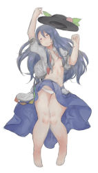 Rule 34 | 1girl, barefoot, blue hair, bored, breasts, curvy, expressionless, food, fruit, hat, highres, hinanawi tenshi, open clothes, open shirt, panties, peach, pushun (muteki), red eyes, shirt, skirt, small breasts, solo, thick thighs, thighs, touhou, underwear, white panties